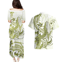 Lime Green Hawaii Couples Matching Puletasi and Hawaiian Shirt Humpback Whale Tattoo Polynesian Tribal Ocean Vibes