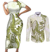 Lime Green Hawaii Couples Matching Short Sleeve Bodycon Dress and Long Sleeve Button Shirt Humpback Whale Tattoo Polynesian Tribal Ocean Vibes