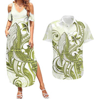 Lime Green Hawaii Couples Matching Summer Maxi Dress and Hawaiian Shirt Humpback Whale Tattoo Polynesian Tribal Ocean Vibes