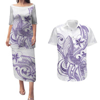 Purple Hawaii Couples Matching Puletasi and Hawaiian Shirt Humpback Whale Tattoo Polynesian Tribal Ocean Vibes
