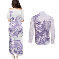 Purple Hawaii Couples Matching Puletasi and Long Sleeve Button Shirt Humpback Whale Tattoo Polynesian Tribal Ocean Vibes
