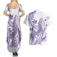Purple Hawaii Couples Matching Summer Maxi Dress and Hawaiian Shirt Humpback Whale Tattoo Polynesian Tribal Ocean Vibes