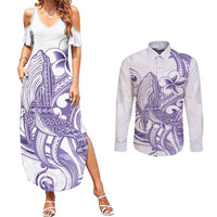 Purple Hawaii Couples Matching Summer Maxi Dress and Long Sleeve Button Shirt Humpback Whale Tattoo Polynesian Tribal Ocean Vibes