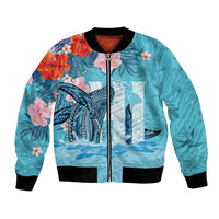 Personalised Hawaii Bomber Jacket Humpback Whale Tattoo With Tropical Flowers LT14 Unisex Blue - Polynesian Pride