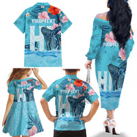 Personalised Hawaii Family Matching Off The Shoulder Long Sleeve Dress and Hawaiian Shirt Humpback Whale Tattoo With Tropical Flowers