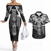 Tiki Drum Hawaii Couples Matching Off The Shoulder Long Sleeve Dress and Hawaiian Shirt Hawaiian Kakau Tattoo Style