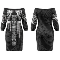 Tiki Drum Hawaii Couples Matching Off The Shoulder Long Sleeve Dress and Long Sleeve Button Shirt Hawaiian Kakau Tattoo Style