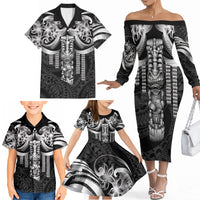 Tiki Drum Hawaii Family Matching Off The Shoulder Long Sleeve Dress and Hawaiian Shirt Hawaiian Kakau Tattoo Style