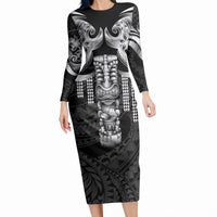 Tiki Drum Hawaii Long Sleeve Bodycon Dress Hawaiian Kakau Tattoo Style