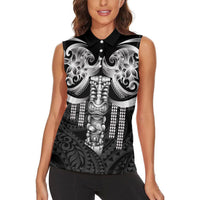 Tiki Drum Hawaii Women Sleeveless Polo Shirt Hawaiian Kakau Tattoo Style