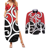 New Zealand Couples Matching Summer Maxi Dress and Long Sleeve Button Shirt Maori Koru Tino Rangatiratanga Color - Polynesian Pride