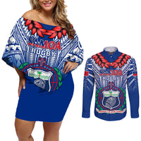 Custom Samoa Rugby Couples Matching Off Shoulder Short Dress and Long Sleeve Button Shirts 2023 Go Manu Samoa With Ula Fala Style LT14 Blue - Polynesian Pride