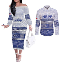 Personalised HRPP Samoa Siapo Couples Matching Off The Shoulder Long Sleeve Dress and Long Sleeve Button Shirt Teuila Flowers Samoan Pattern - Polynesian Pride
