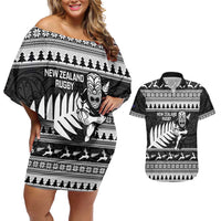 New Zealand Christmas Rugby Personalised Couples Matching Off Shoulder Short Dress and Hawaiian Shirt Meri Kirihimete All Black Maori - Polynesian Pride