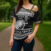 New Zealand Christmas Rugby Personalised Cross Shoulder Shirt Meri Kirihimete All Black Maori - Polynesian Pride