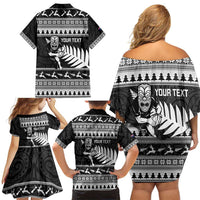 New Zealand Christmas Rugby Personalised Family Matching Off Shoulder Short Dress and Hawaiian Shirt Meri Kirihimete All Black Maori - Polynesian Pride