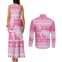 New Zealand Christmas Rugby Personalised Couples Matching Tank Maxi Dress and Long Sleeve Button Shirt Meri Kirihimete All Black Maori Pink Version - Polynesian Pride