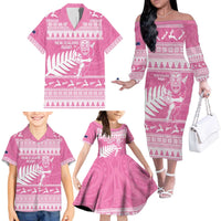 New Zealand Christmas Rugby Personalised Family Matching Off The Shoulder Long Sleeve Dress and Hawaiian Shirt Meri Kirihimete All Black Maori Pink Version - Polynesian Pride