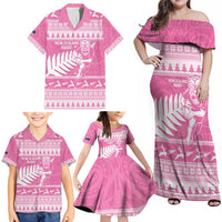 New Zealand Christmas Rugby Personalised Family Matching Off Shoulder Maxi Dress and Hawaiian Shirt Meri Kirihimete All Black Maori Pink Version - Polynesian Pride