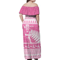 New Zealand Christmas Rugby Personalised Family Matching Off Shoulder Maxi Dress and Hawaiian Shirt Meri Kirihimete All Black Maori Pink Version - Polynesian Pride