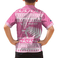 New Zealand Christmas Rugby Personalised Family Matching Off Shoulder Short Dress and Hawaiian Shirt Meri Kirihimete All Black Maori Pink Version - Polynesian Pride