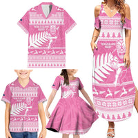 New Zealand Christmas Rugby Personalised Family Matching Summer Maxi Dress and Hawaiian Shirt Meri Kirihimete All Black Maori Pink Version - Polynesian Pride