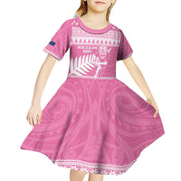 New Zealand Christmas Rugby Personalised Kid Short Sleeve Dress Meri Kirihimete All Black Maori Pink Version - Polynesian Pride