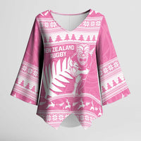 New Zealand Christmas Rugby Personalised Kimono Sleeve Blouse Meri Kirihimete All Black Maori Pink Version - Polynesian Pride