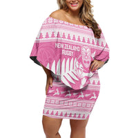 New Zealand Christmas Rugby Personalised Off Shoulder Short Dress Meri Kirihimete All Black Maori Pink Version - Polynesian Pride