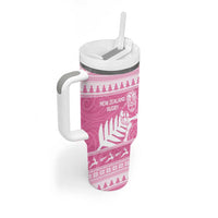 New Zealand Christmas Rugby Personalised Tumbler With Handle Meri Kirihimete All Black Maori Pink Version - Polynesian Pride