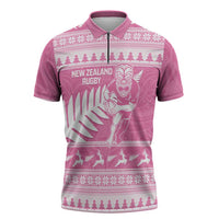 New Zealand Christmas Rugby Personalised Zipper Polo Shirt Meri Kirihimete All Black Maori Pink Version - Polynesian Pride