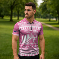 New Zealand Christmas Rugby Personalised Zipper Polo Shirt Meri Kirihimete All Black Maori Pink Version - Polynesian Pride