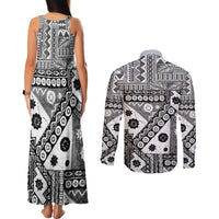 Black Bula Fiji Couples Matching Tank Maxi Dress and Long Sleeve Button Shirt Unique Masi Tapa Pattern