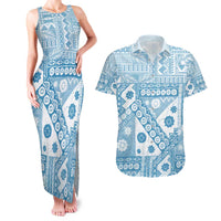 Blue Bula Fiji Couples Matching Tank Maxi Dress and Hawaiian Shirt Unique Masi Tapa Pattern