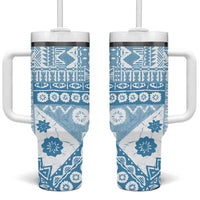 Blue Bula Fiji Tumbler With Handle Unique Masi Tapa Pattern
