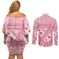 Pink Bula Fiji Couples Matching Off Shoulder Short Dress and Long Sleeve Button Shirt Unique Masi Tapa Pattern