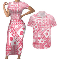Pink Bula Fiji Couples Matching Short Sleeve Bodycon Dress and Hawaiian Shirt Unique Masi Tapa Pattern