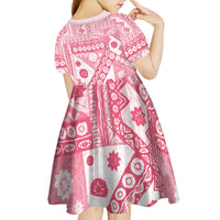 Pink Bula Fiji Kid Short Sleeve Dress Unique Masi Tapa Pattern