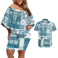 Hawaiian Quilt Couples Matching Off Shoulder Short Dress and Hawaiian Shirt Tiki Tropical Retro Dark Cyan Version LT14 Dark Cyan - Polynesian Pride