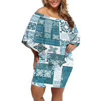 Hawaiian Quilt Off Shoulder Short Dress Tiki Tropical Retro Dark Cyan Version LT14 Women Dark Cyan - Polynesian Pride