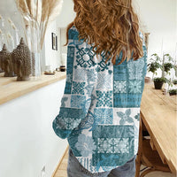 Hawaiian Quilt Women Casual Shirt Tiki Tropical Retro Dark Cyan Version LT14 - Polynesian Pride