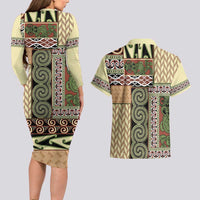 Beige Aotearoa Kowhaiwhai Pattern Couples Matching Long Sleeve Bodycon Dress and Hawaiian Shirt NZ Maori Quilt Style