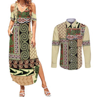 Beige Aotearoa Kowhaiwhai Pattern Couples Matching Summer Maxi Dress and Long Sleeve Button Shirt NZ Maori Quilt Style LT14 Beige - Polynesian Pride