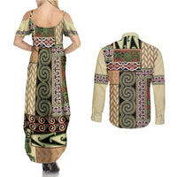 Beige Aotearoa Kowhaiwhai Pattern Couples Matching Summer Maxi Dress and Long Sleeve Button Shirt NZ Maori Quilt Style LT14 - Polynesian Pride