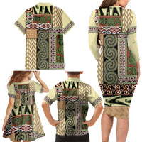 Beige Aotearoa Kowhaiwhai Pattern Family Matching Long Sleeve Bodycon Dress and Hawaiian Shirt NZ Maori Quilt Style LT14 - Polynesian Pride