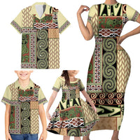 Beige Aotearoa Kowhaiwhai Pattern Family Matching Short Sleeve Bodycon Dress and Hawaiian Shirt NZ Maori Quilt Style LT14 - Polynesian Pride