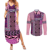 Pink Aotearoa Kowhaiwhai Pattern Couples Matching Summer Maxi Dress and Long Sleeve Button Shirt NZ Maori Quilt Style LT14 Pink - Polynesian Pride