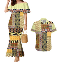 Yellow Aotearoa Kowhaiwhai Pattern Couples Matching Mermaid Dress and Hawaiian Shirt NZ Maori Quilt Style