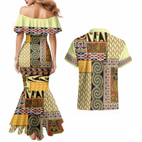 Yellow Aotearoa Kowhaiwhai Pattern Couples Matching Mermaid Dress and Hawaiian Shirt NZ Maori Quilt Style