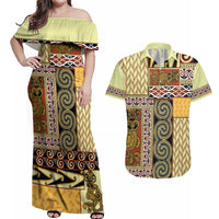 Yellow Aotearoa Kowhaiwhai Pattern Couples Matching Off Shoulder Maxi Dress and Hawaiian Shirt NZ Maori Quilt Style